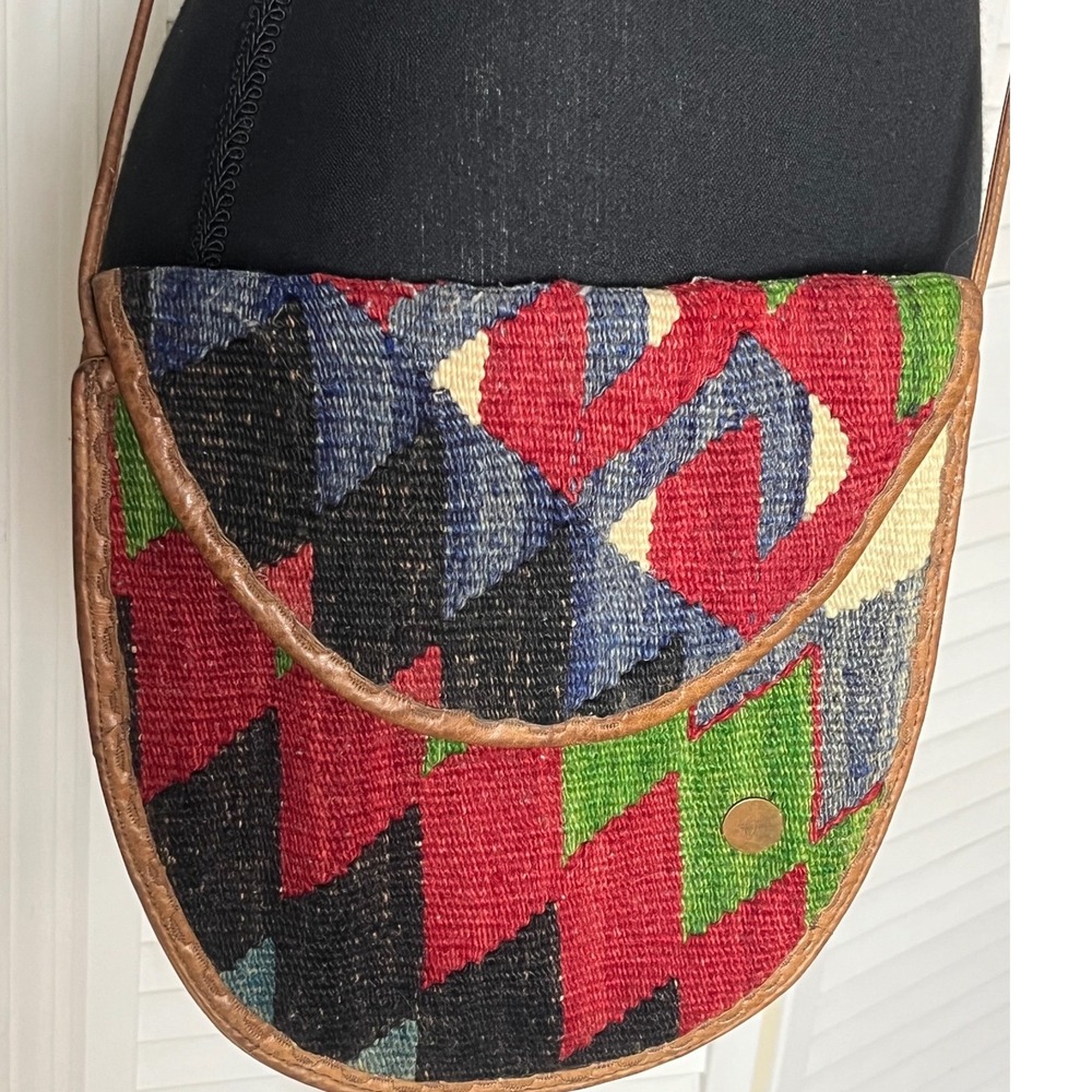 Majid Vintage Kilim Woven Leather Trim Crossbody Bag‎ Geometric Tribal Red